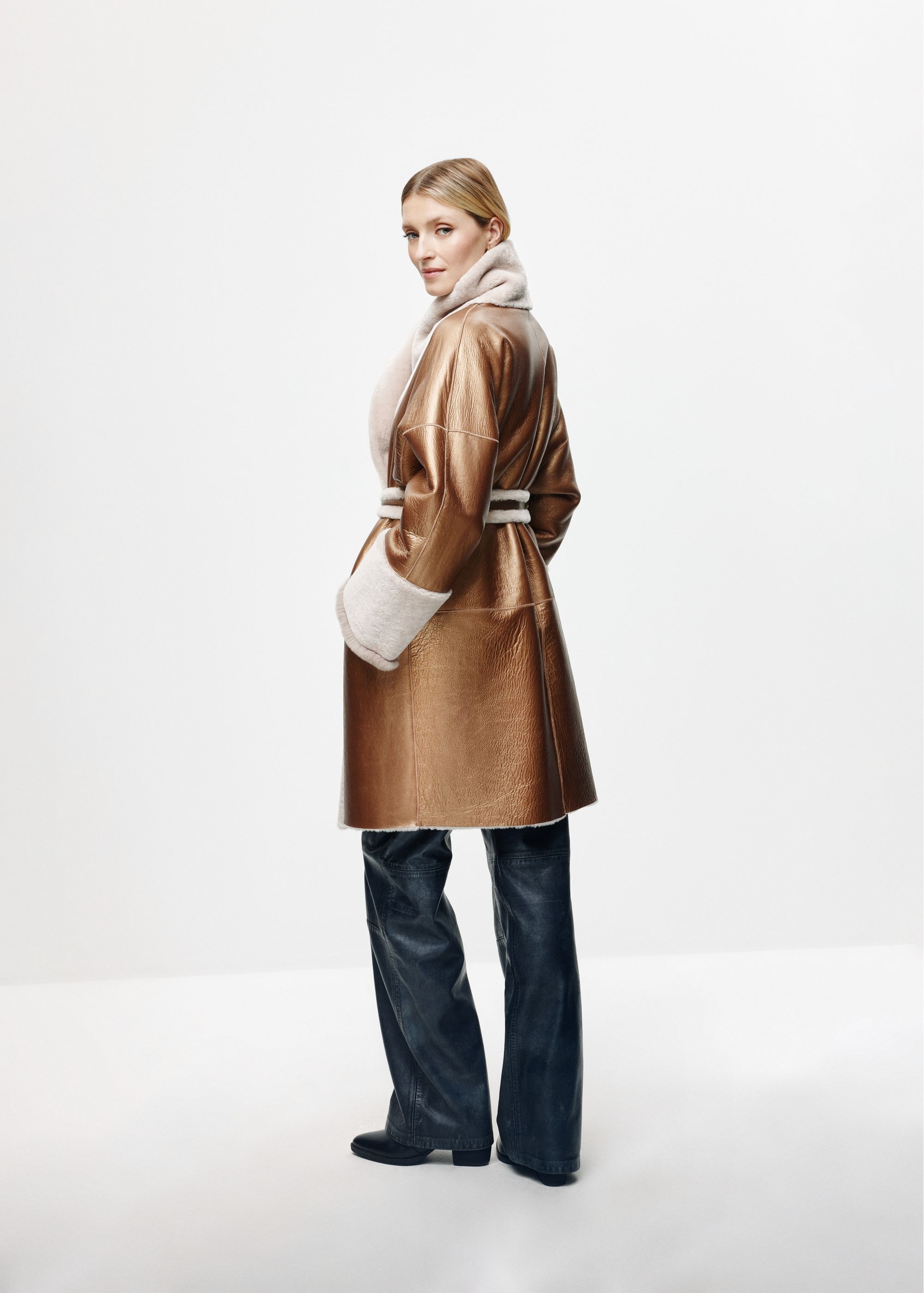 Beige leather double-sided women's sheepskin coat KOZDS-0081-5488(Z24)