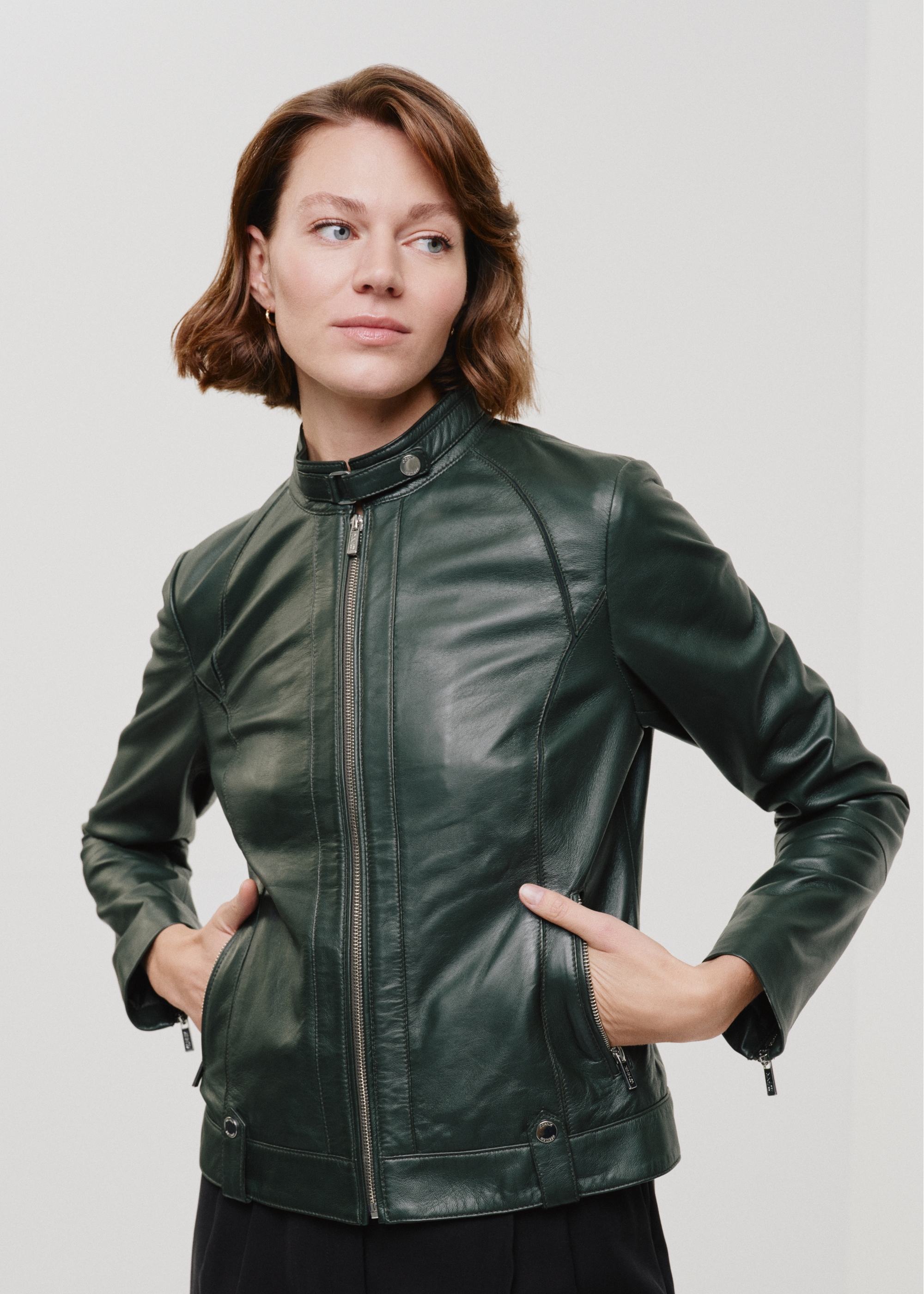 Women's green leather jacket KURDS-0480-1345(W24)-02