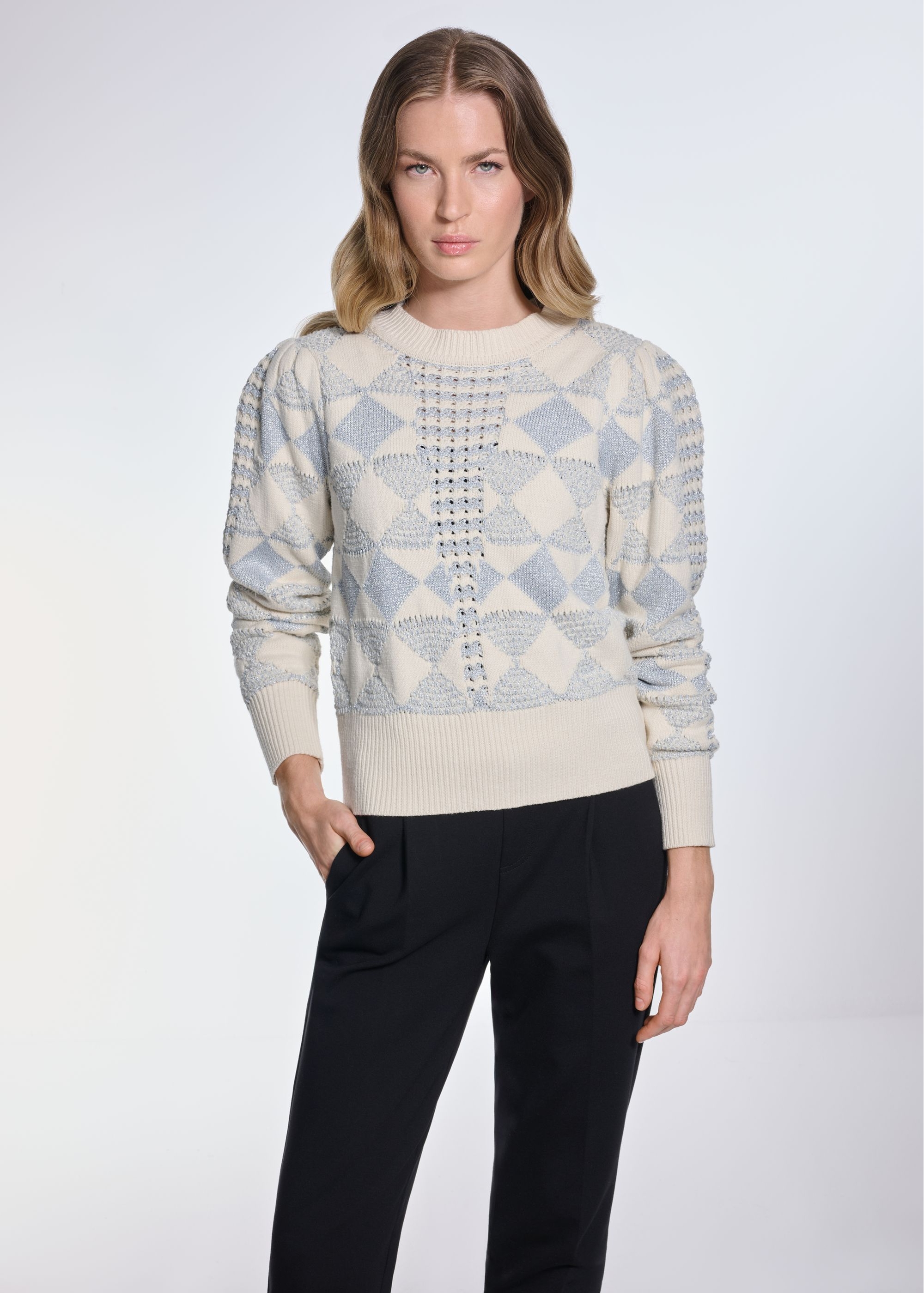 Beige women's sweater with metallic thread SWEDT-0214-80(Z24)-02