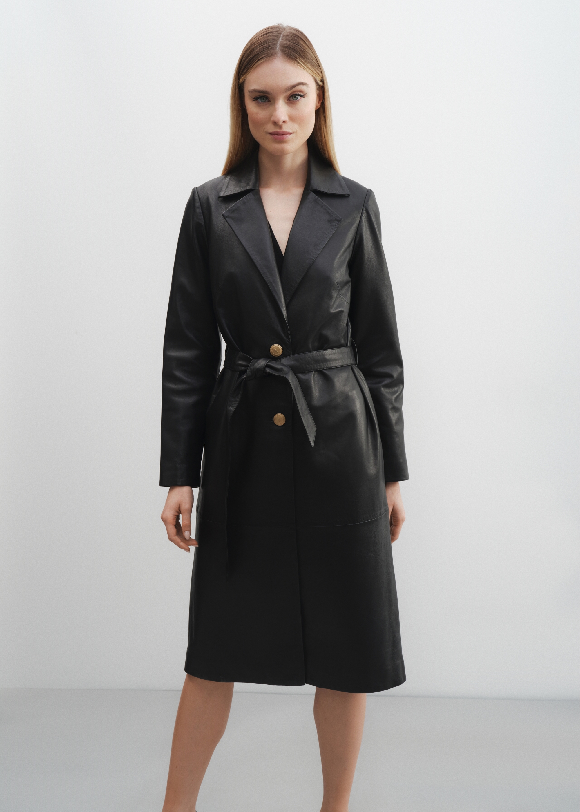 Women's leather coat with belt KURDS-0401-1273(W24)-01