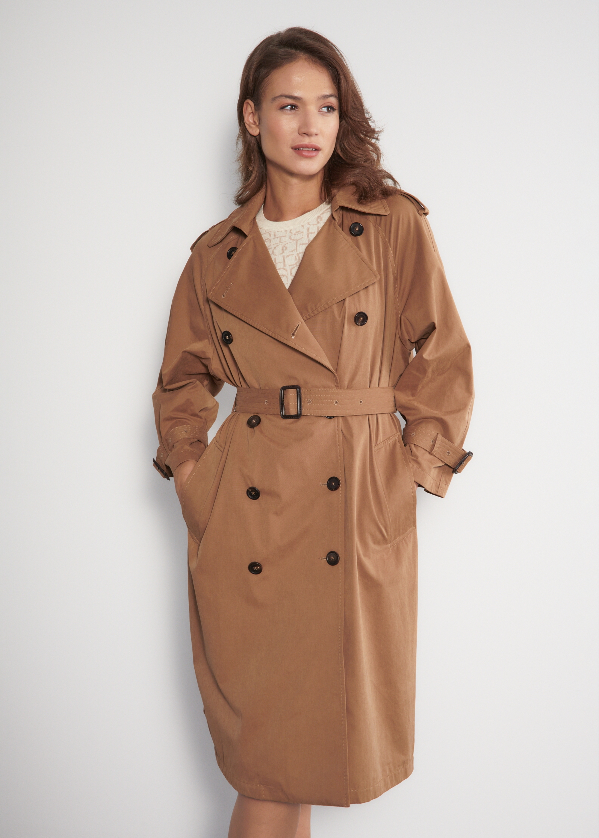 Brown women's coat with belt KURDT-0430-24(W23)-02