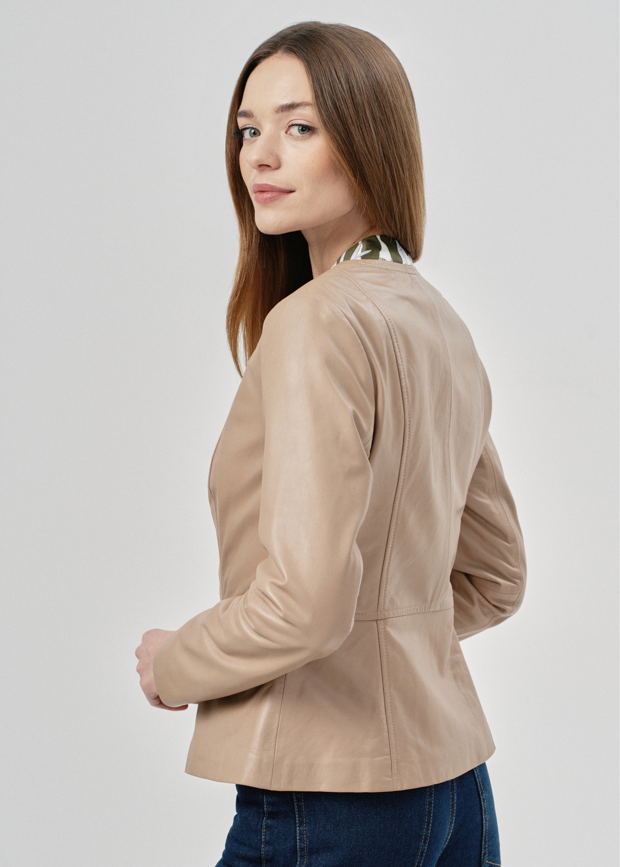 Beige waisted leather jacket for women KURDS-0484-1368(W24)-02