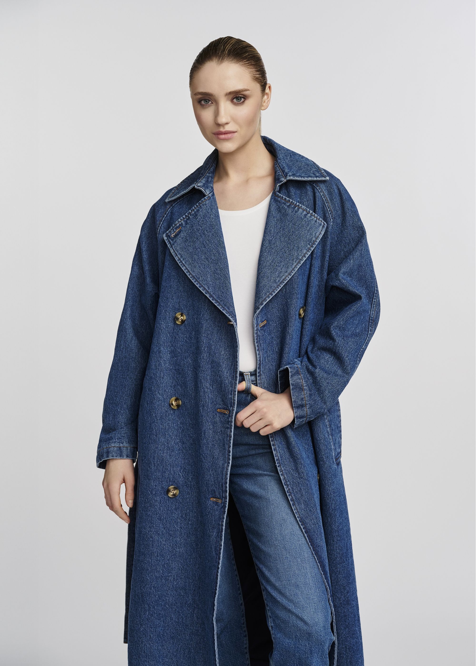 Women's denim jacket in the form of a coat KURDT-0566-69(W25)-01