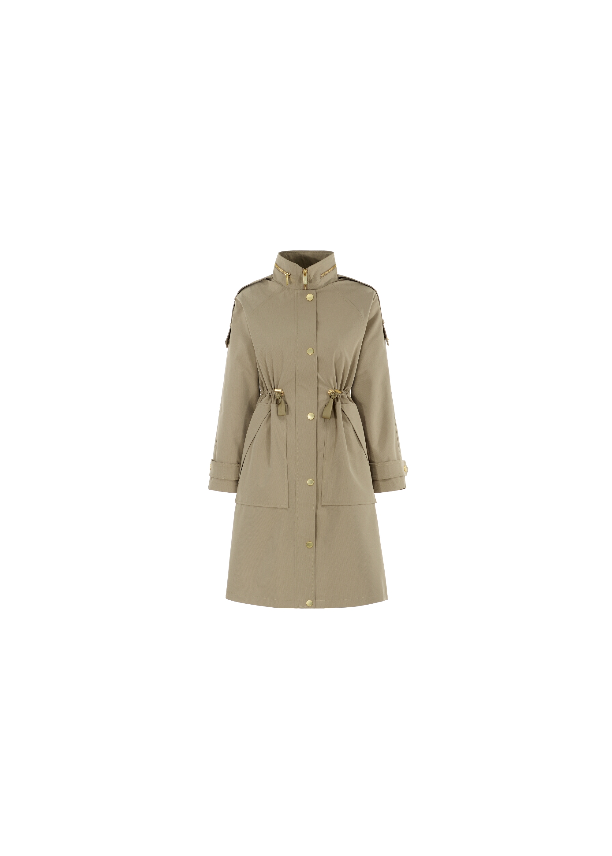 Women's olive colored coat with a button closure KURDT-0353-57(W22)-05