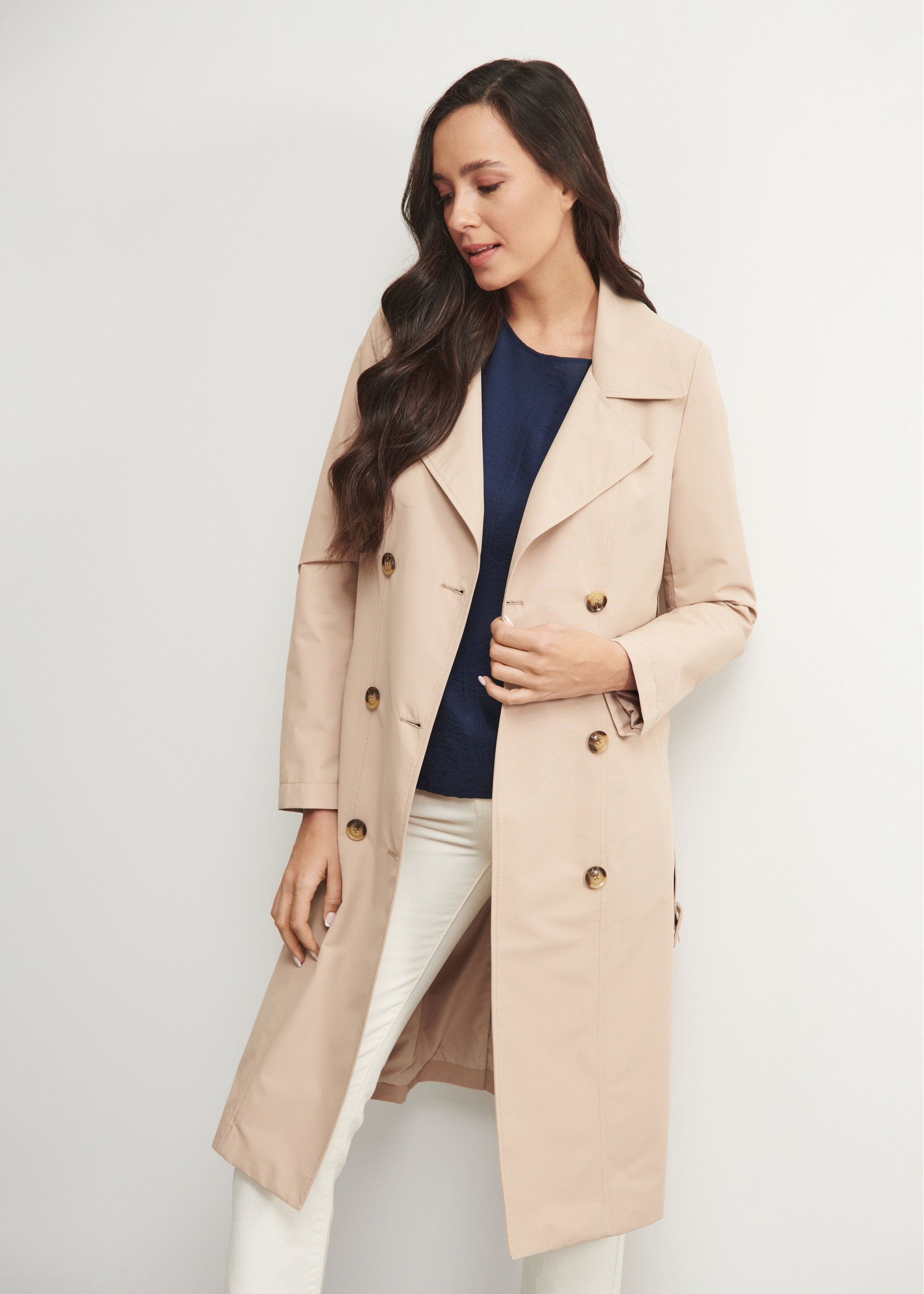 Women's double-breasted beige coat KURDT-0438-81(W23)-02