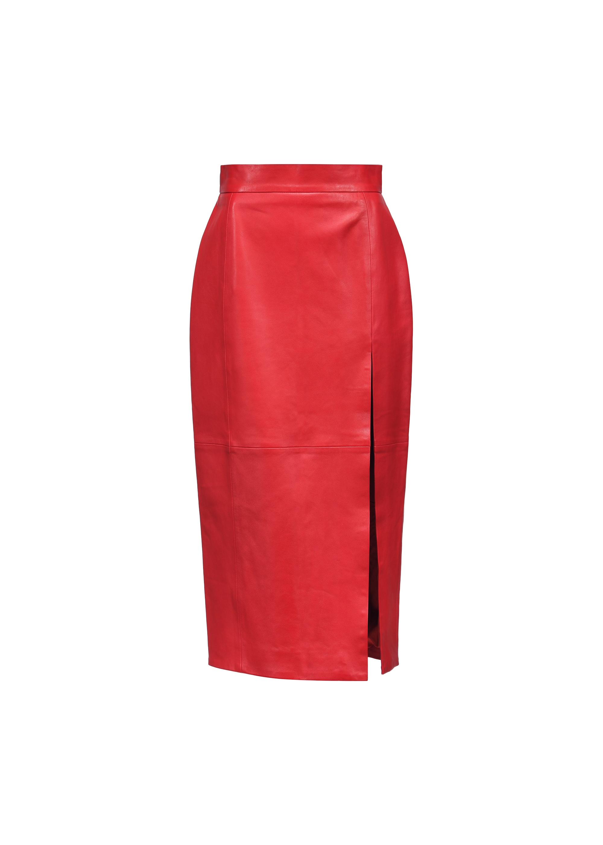 Long red leather women's skirt with slit SPCDS-0075-1391(W25)-03