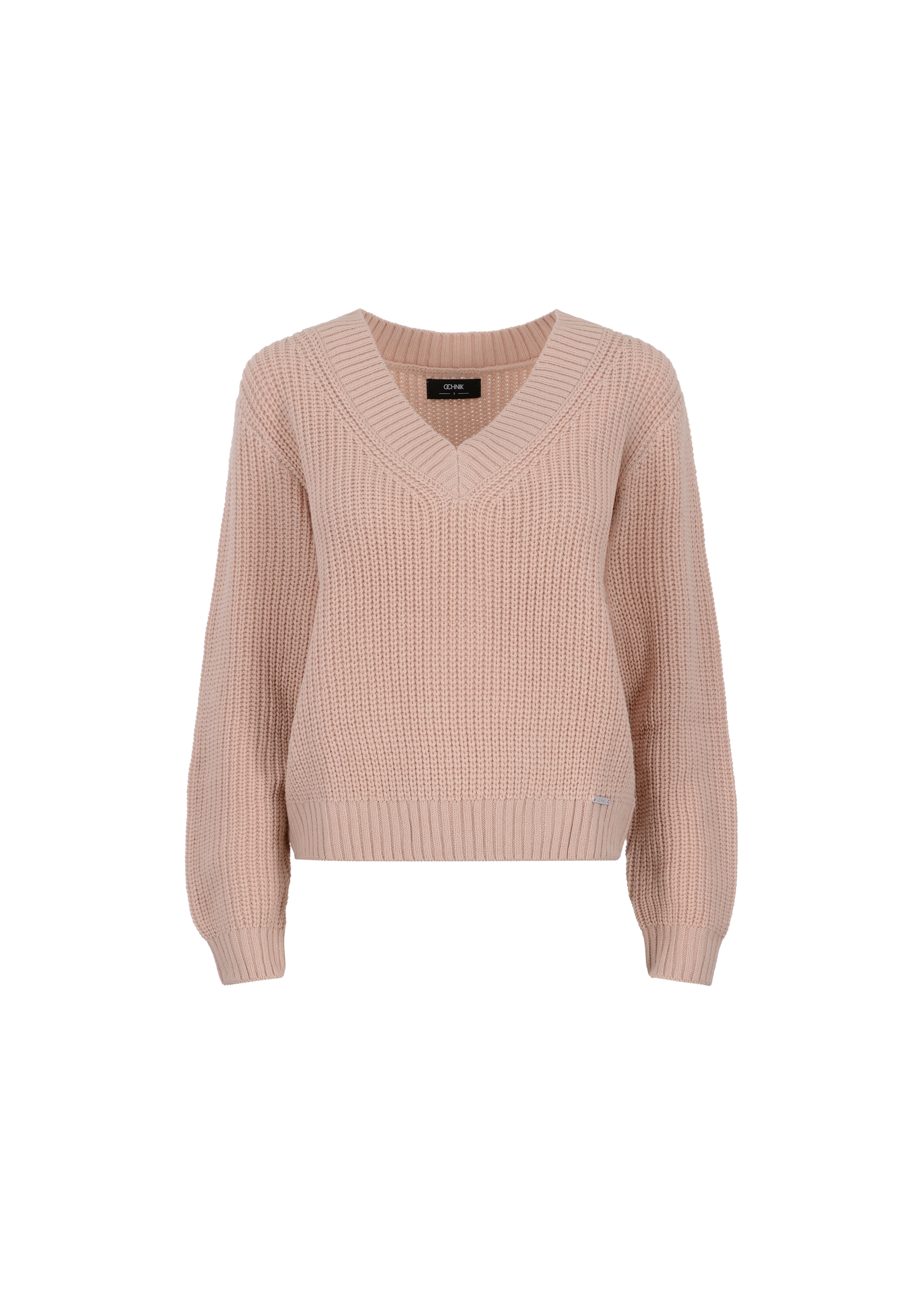 Light pink women's V neck sweater SWEDT-0162-33(Z23)-04