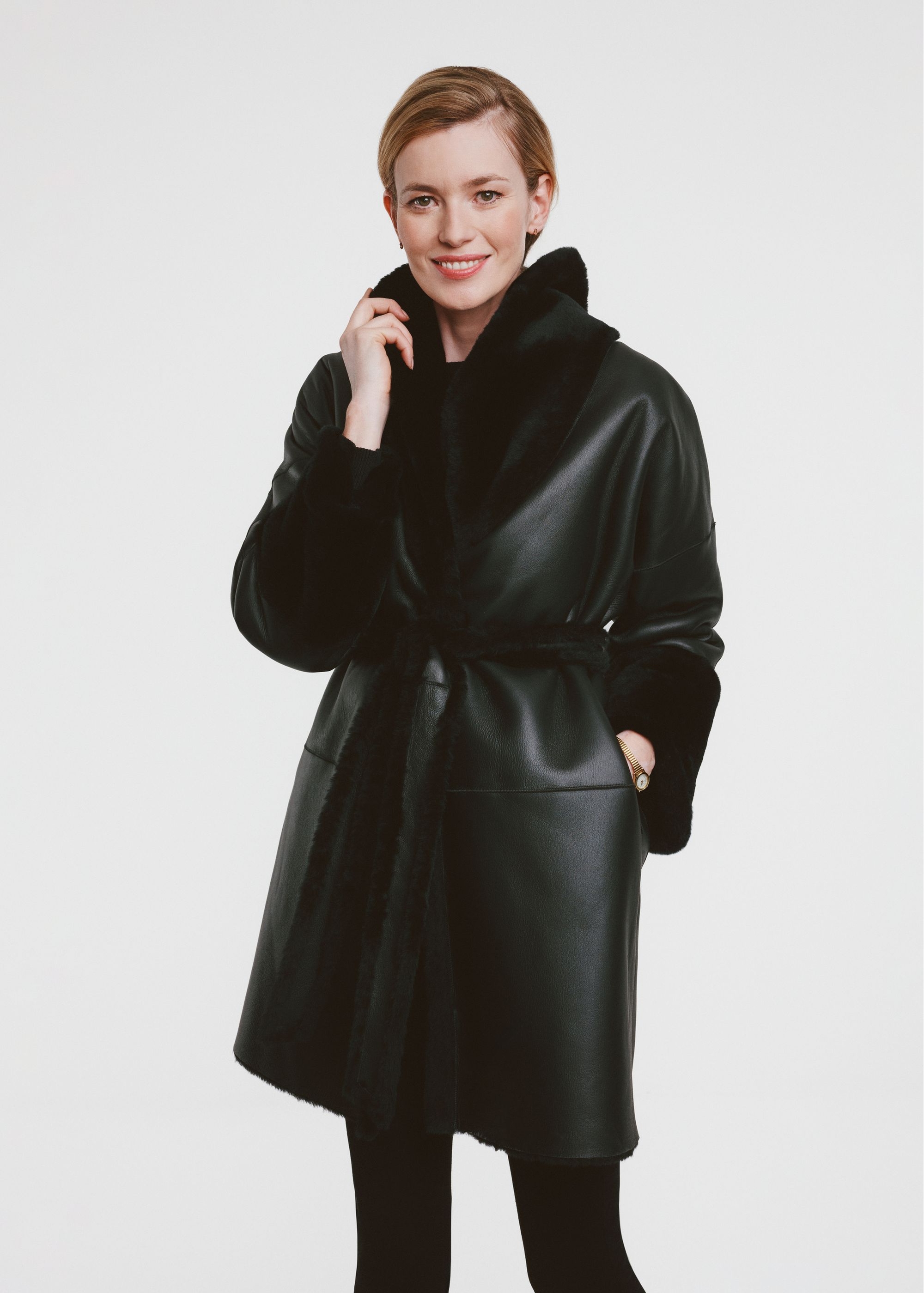 Leather black double-sided women's sheepskin coat KOZDS-0081-5487(Z24)-01