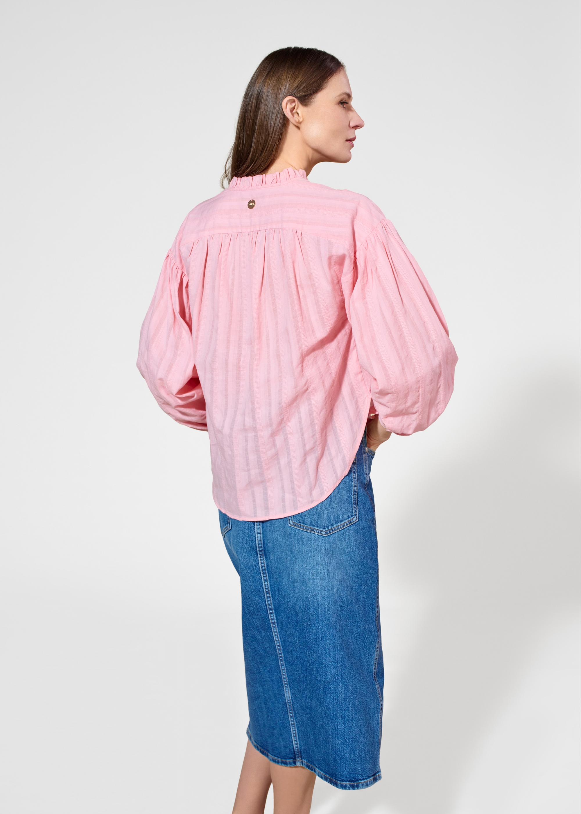 Pink women's blouse with tie BLUDT-0186-34(W25)-04