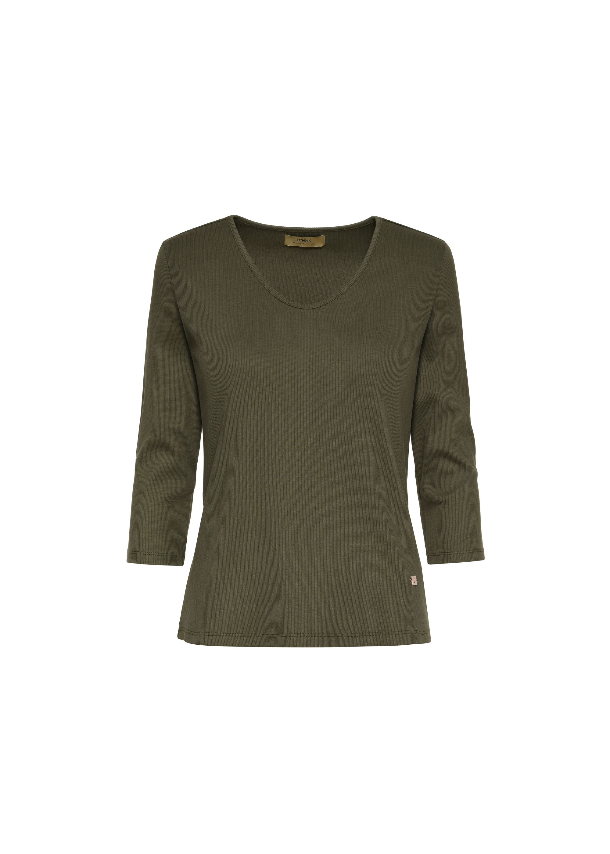 Women's khaki V-neck blouse LSLDT-0036-55(Z24)-01