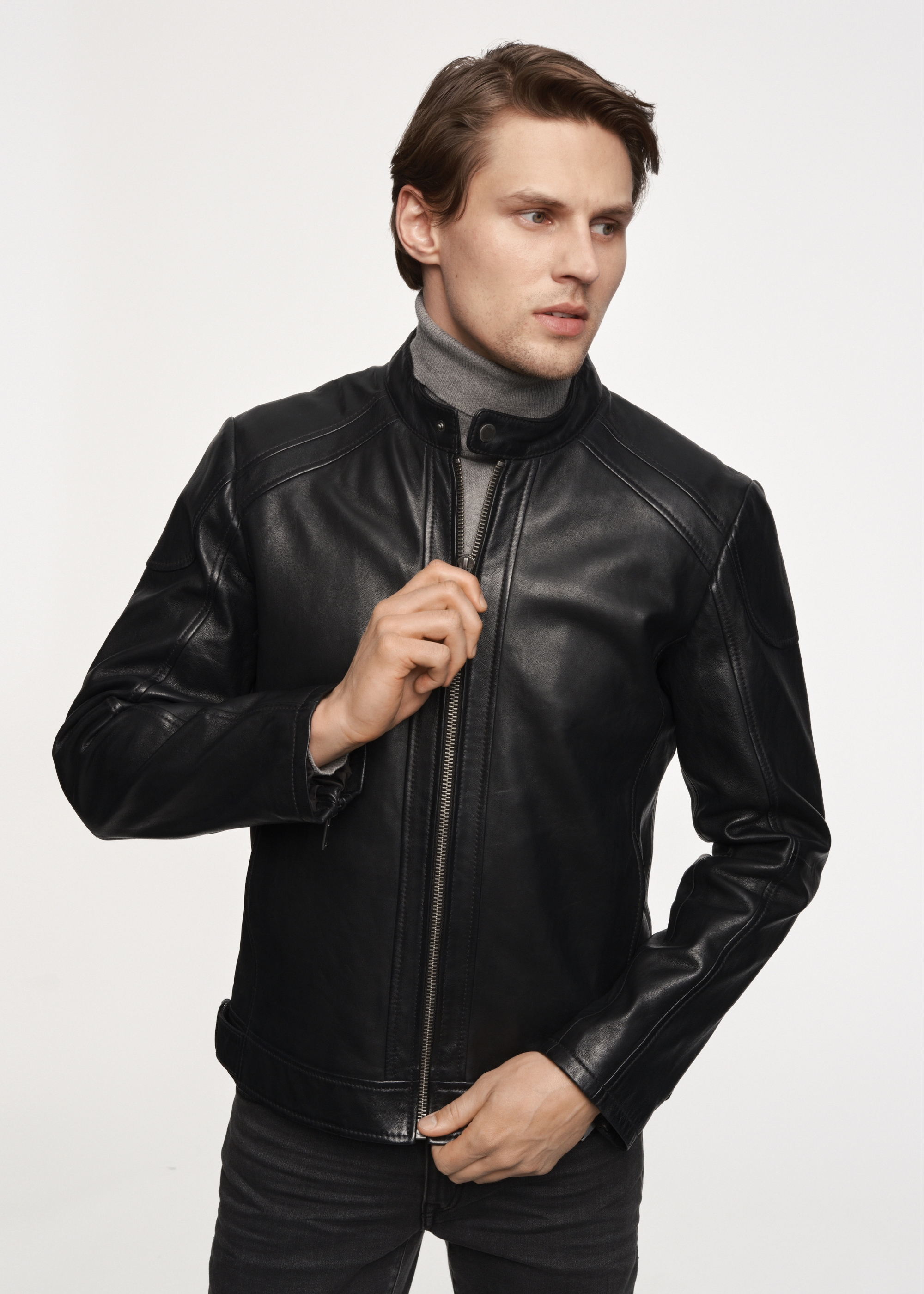 Men's black leather jacket with stand-up collar KURMS-0315-5427(Z23)-02