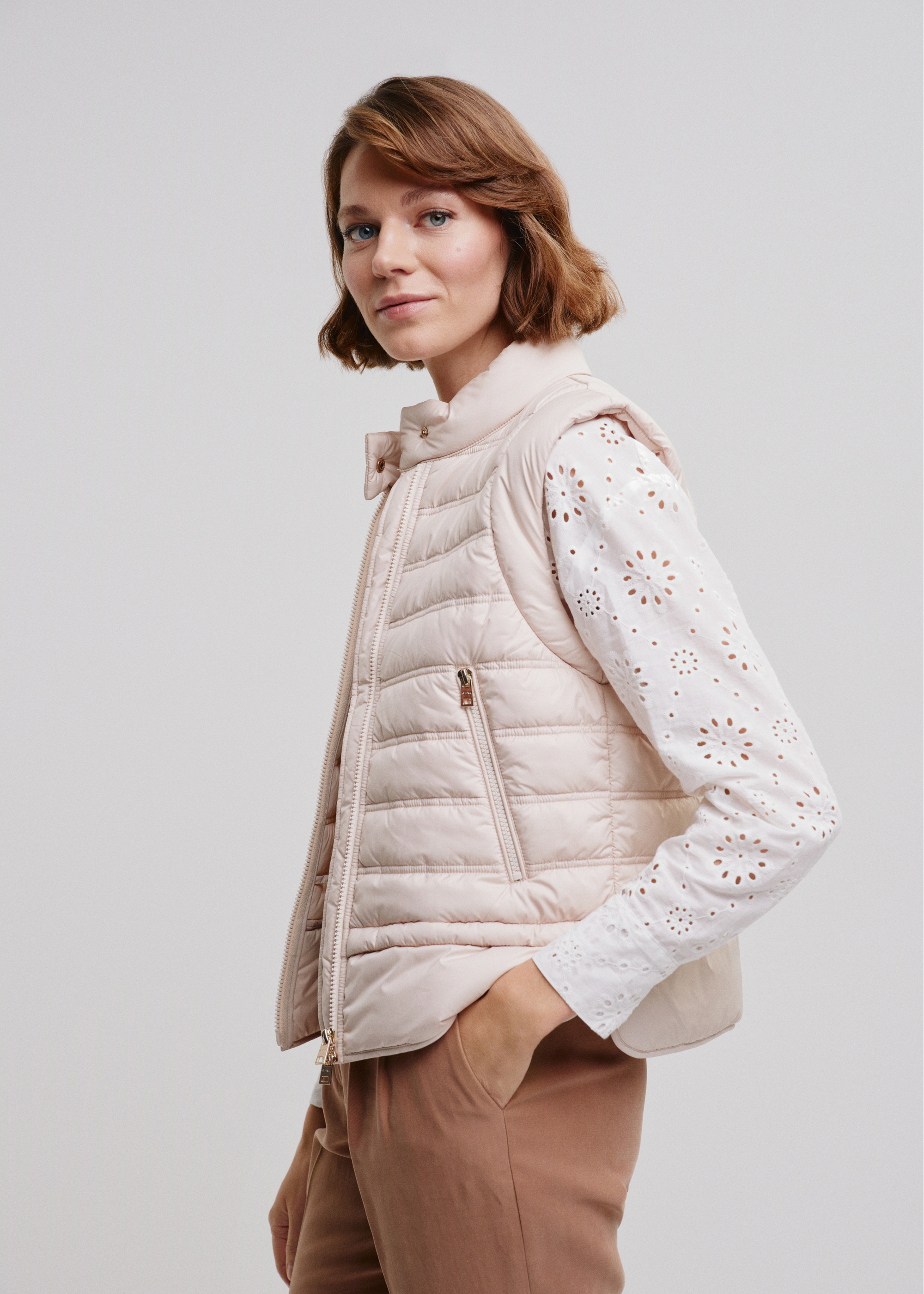 Women's beige quilted sleeveless jacket KAMDT-0026-80(W24)-02