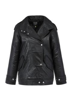 Women's black oversized leather jacket KURDS-0489-1313(Z24)