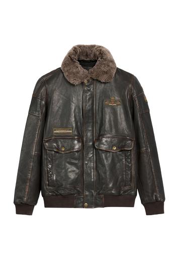 Brown leather jacket with collar KURMS-0380-1I(Z26)