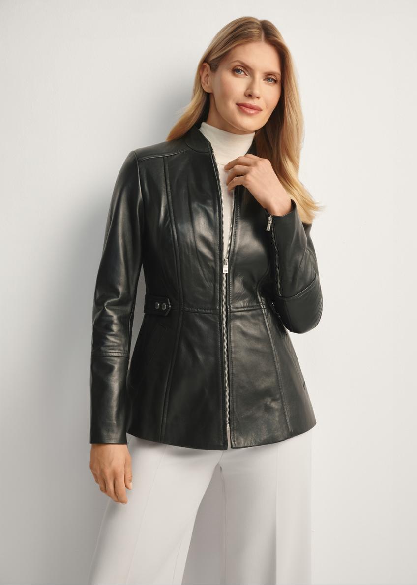 Women's fitted leather jacket KURDS-0424-5491(KS), front view of the product on the model. Half of the silhouette visible.