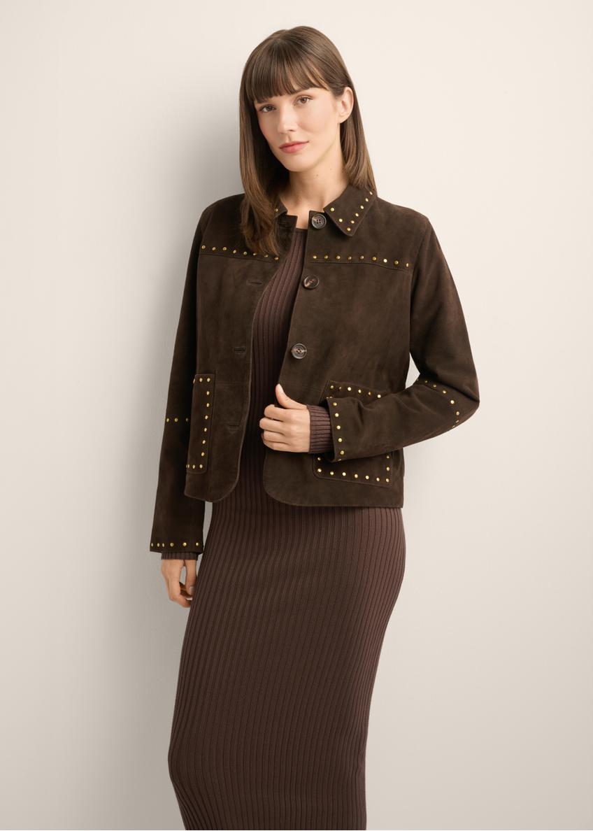 Women's brown suede jacket KURDS-0614-1I(Z26), front view of the product on the model. Half of the silhouette visible.