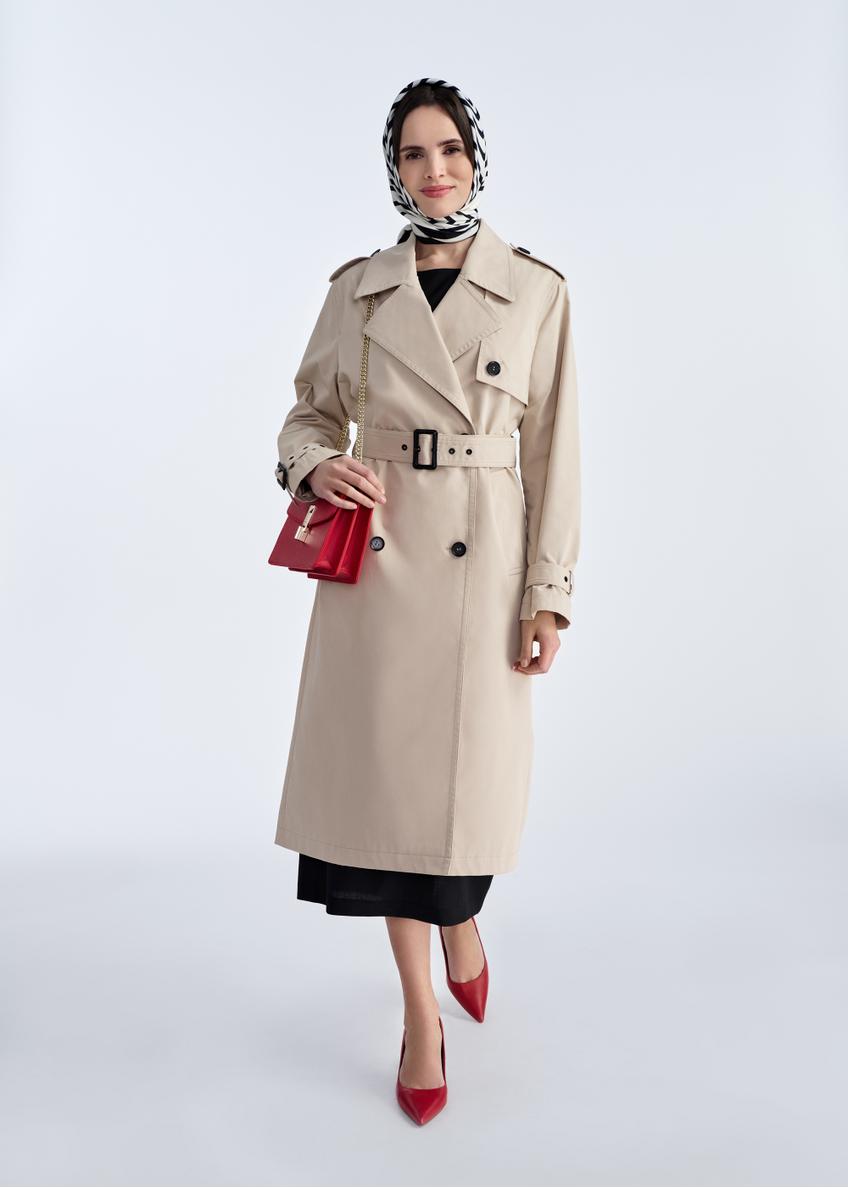 Beige women's coat with belt KURDT-0512-81(W25)-01