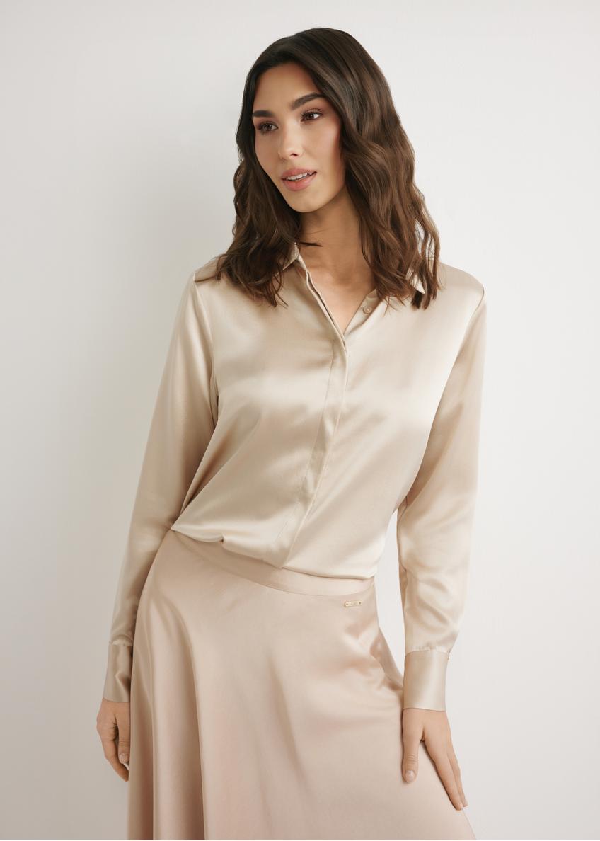 Beige women's silk shirt KOSDT-0188-1B(W26), front view of the product on the model. Half of the silhouette visible.