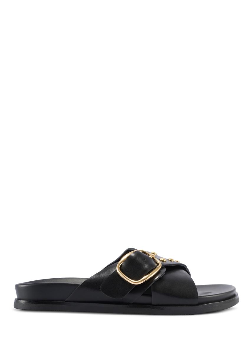 Women's leather flip-flops in black BUTYD-1268-99(W26), side view of the product on a white background.