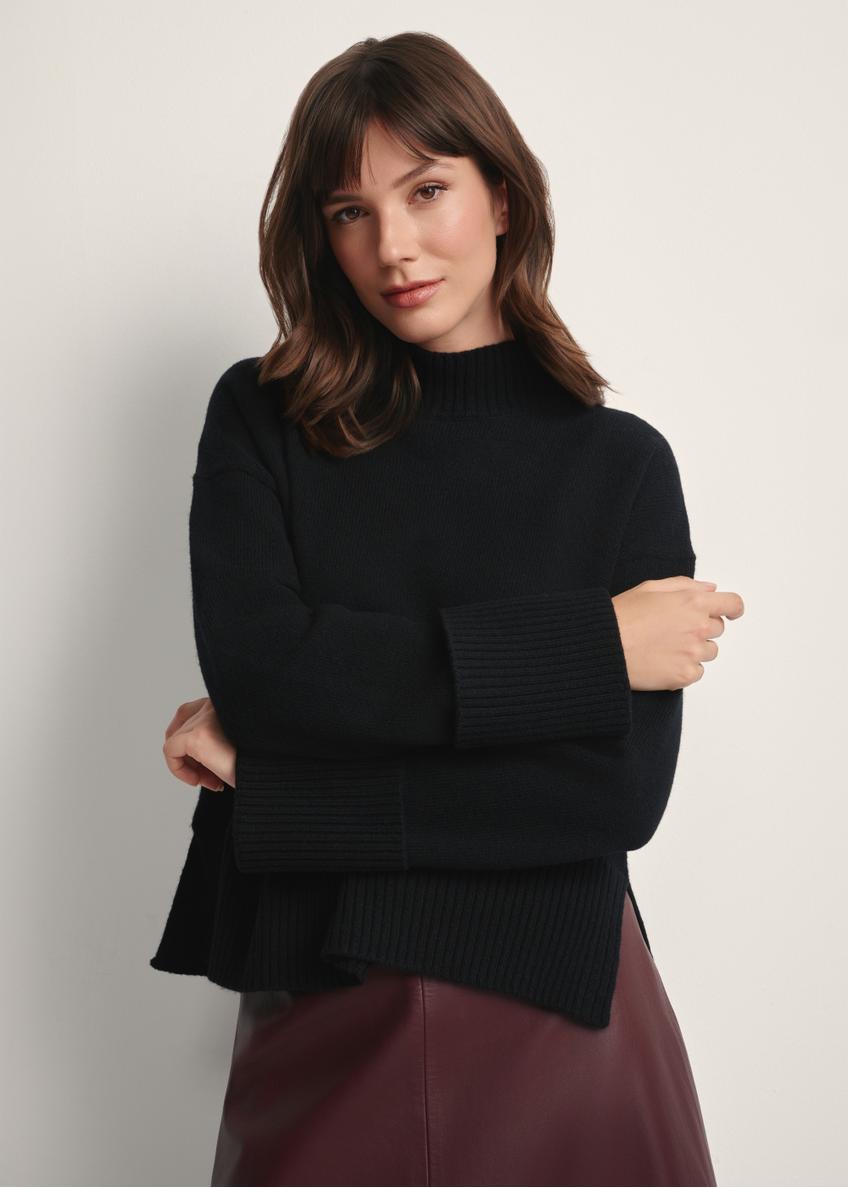 Women's black wool sweater SWEDT-0244-99(Z25), front view of the product on the model. Half of the silhouette visible.