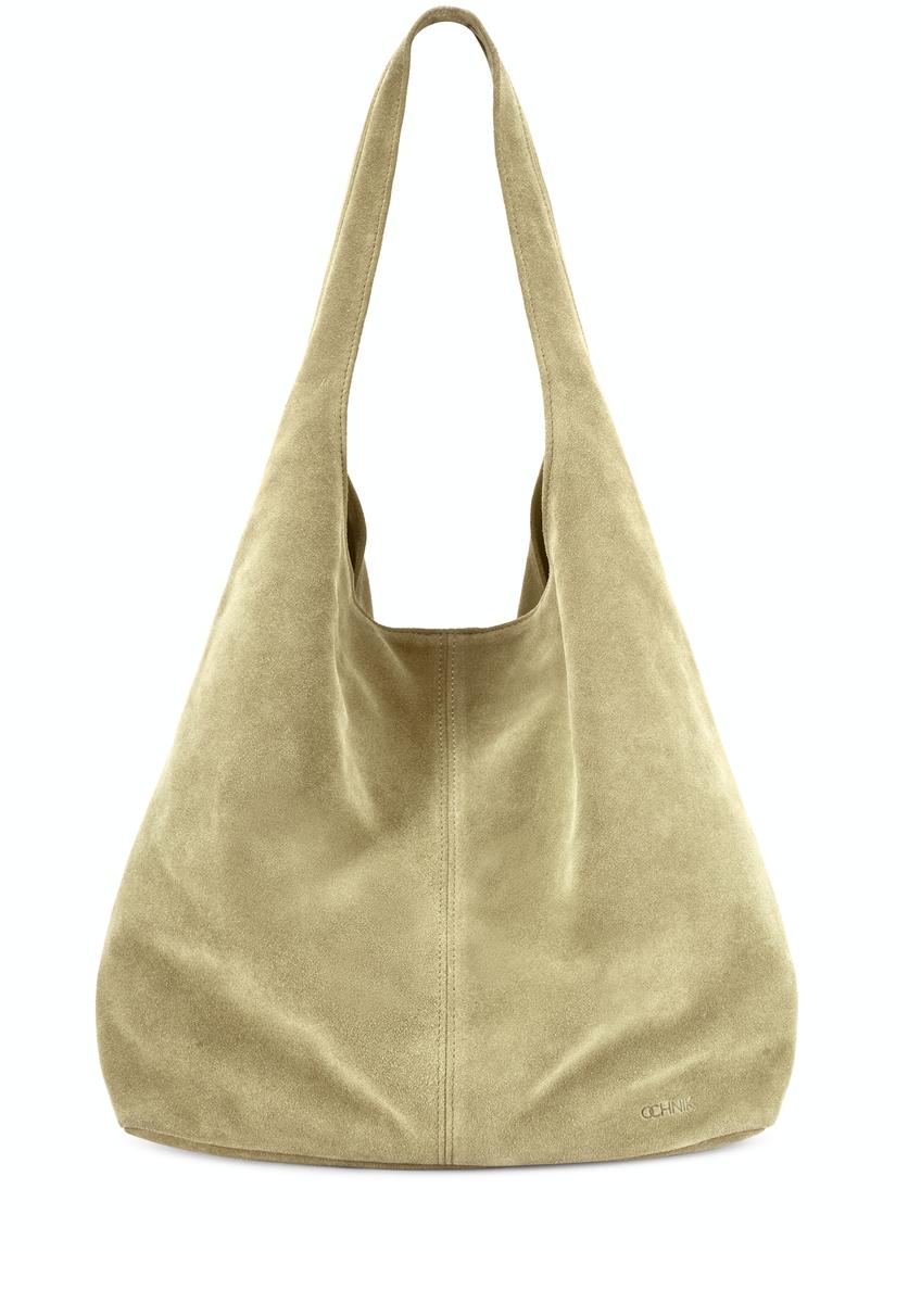 Sage suede women's shopper bag TORES-1177-8F(W26), front product view on white background.