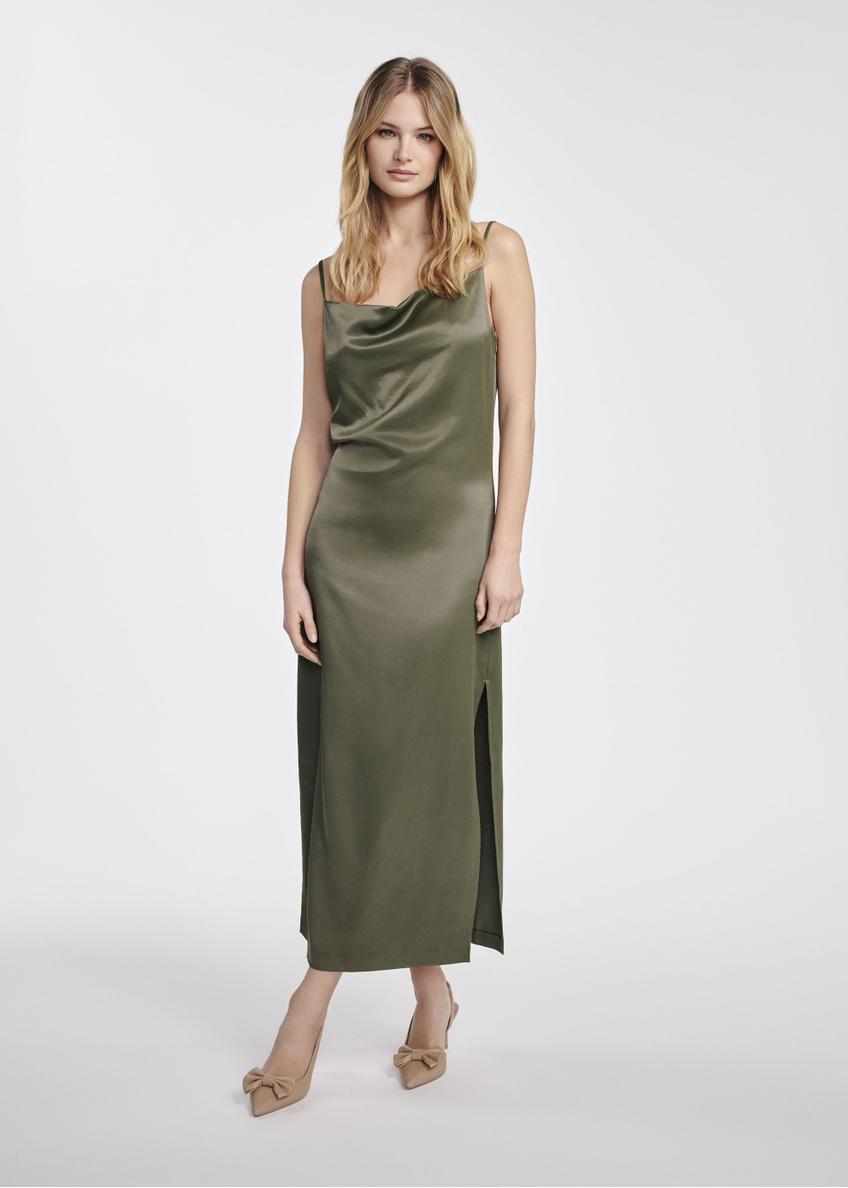 Khaki dress made of satin material SUKDT-0218-55(W25)-02