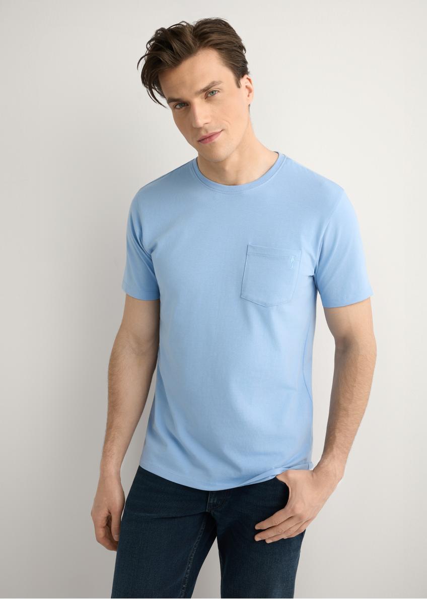 Blue men's T-shirt TSHMT-0137-7B(W26), front view of the product on the model, half of the silhouette visible.
