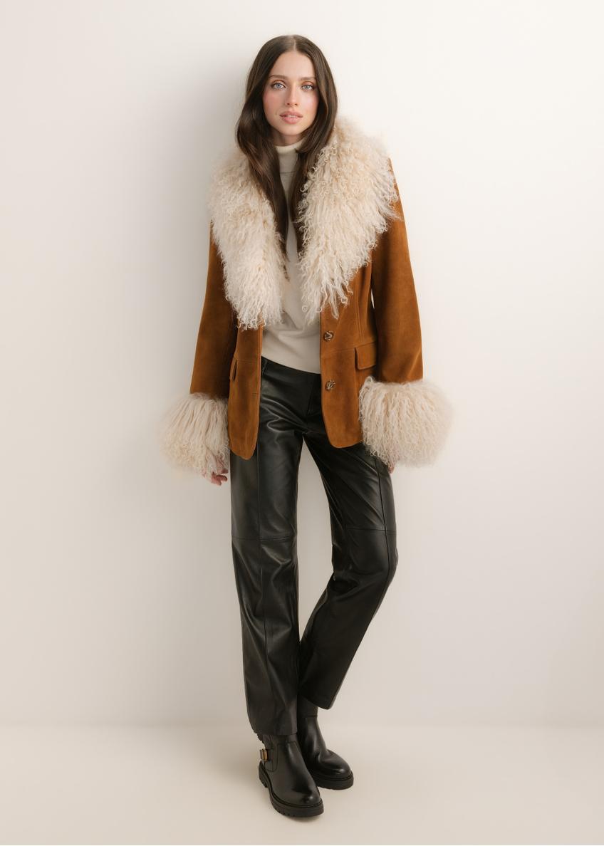 Women's cognac leather jacket KURDS-0633-1F(Z26); front view of the product on a model. Full-body view.