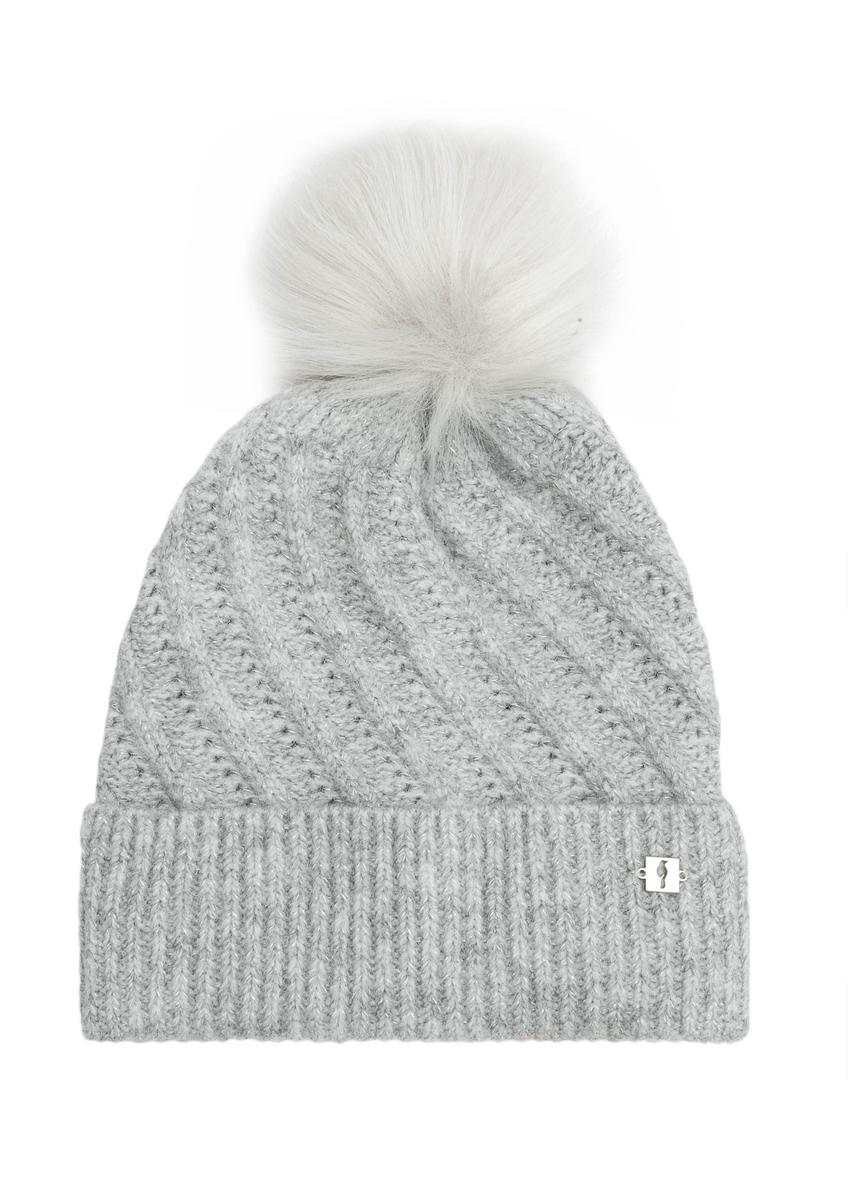 Gray women's hat with pompom CZADT-0219-91(Z25), front product view on white background.