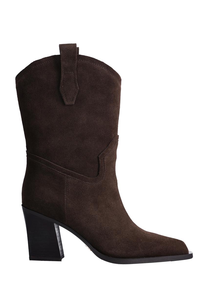 Women's dark brown suede ankle boots BUTYD-1336-1I(Z26), side view of the product on a white background.