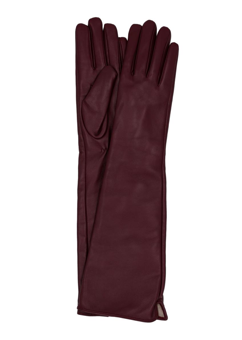 Long leather burgundy women's gloves REKDS-0088-4D(Z26), front product view on white background.