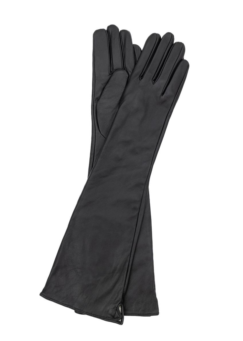 Long black leather women's gloves REKDS-0088-99(Z26), front product view on white background.