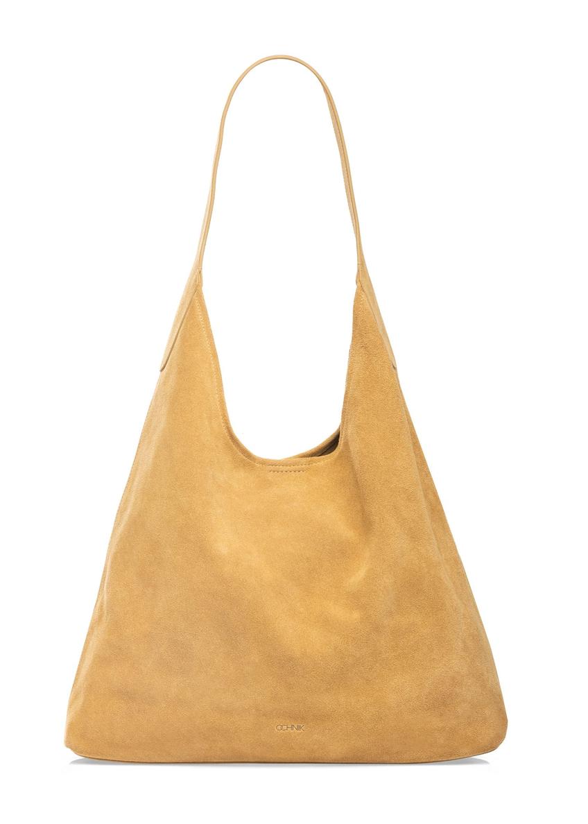 Yellow leather shopper bag TORES-1307-2C(W26) - front product view, on white background.