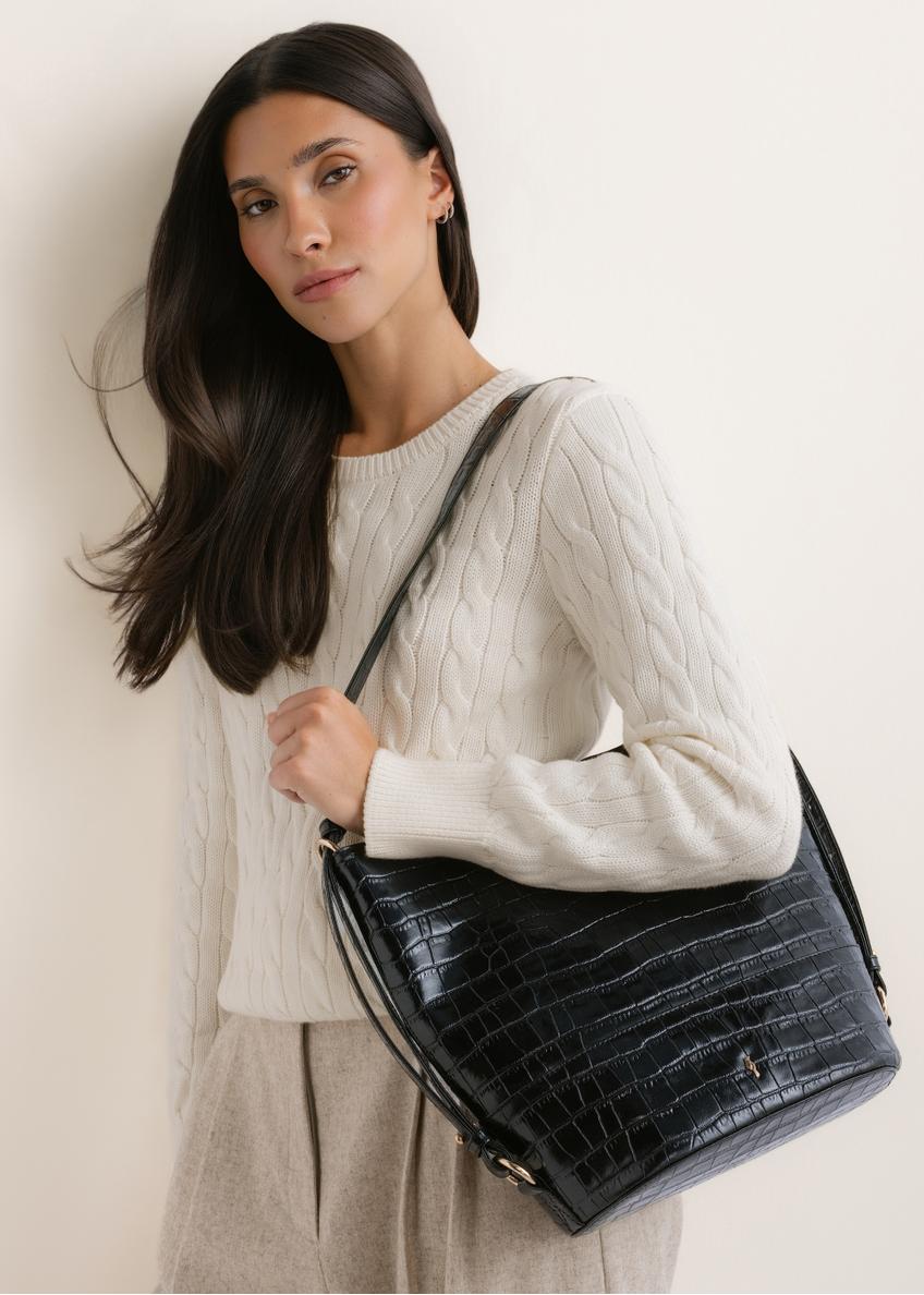 Black leather handbag with a crocodile-effect finish TORES-1417-9G(Z26)