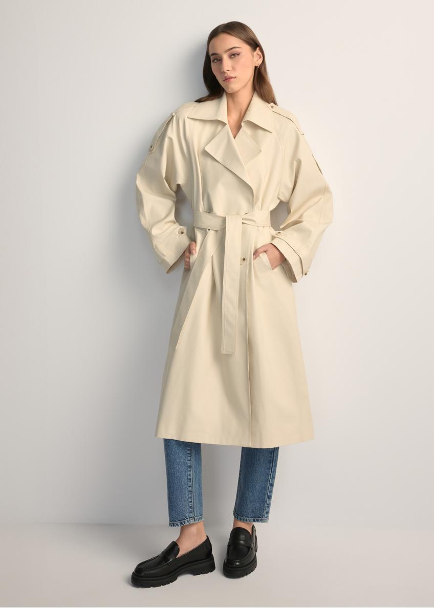 Long cream oversize women's coat KURDT-0659-0C(W26) - front view of the product, on a model, against a light background. Full silhouette visible.