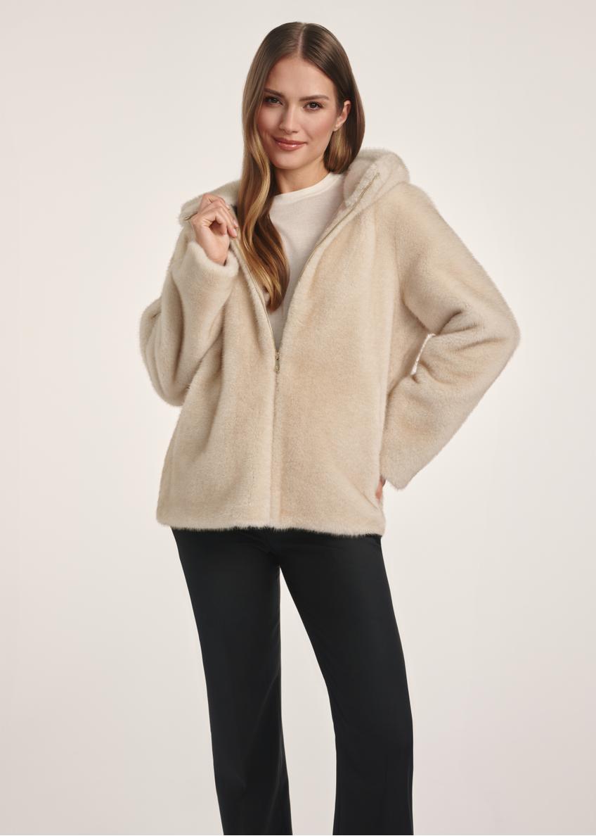 Beige women's fur coat with zipper FUTDP-0057-80(Z25)