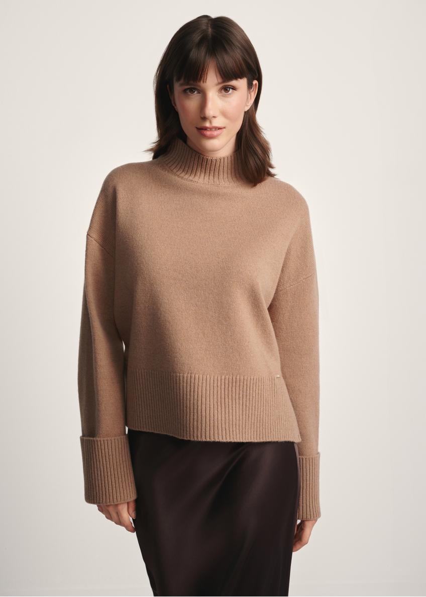 Women's camel wool sweater SWEDT-0244-24(Z25), front view of the product on the model. Half of the silhouette visible.