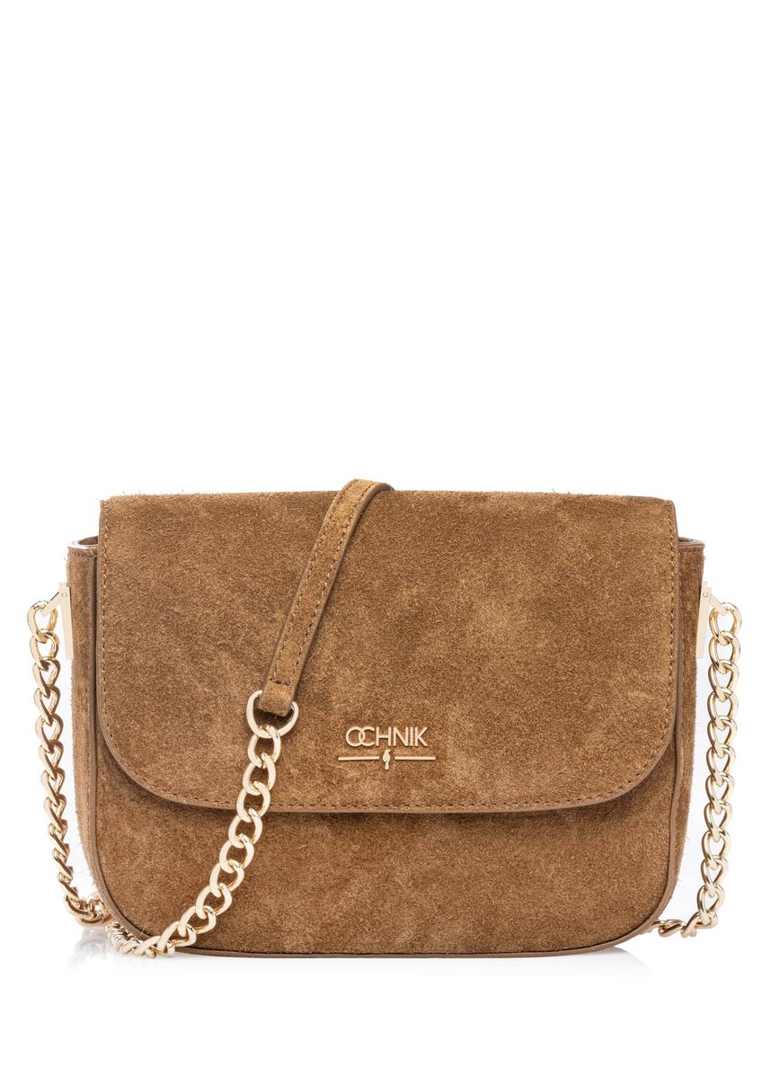 Women's suede messenger bag in camel color TORES-1304-1D(W26) - front product view, on a white background.