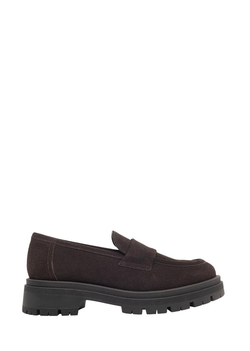 Dark brown suede women's moccasins BUTYD-1187-1I(Z26), side product view on white background.