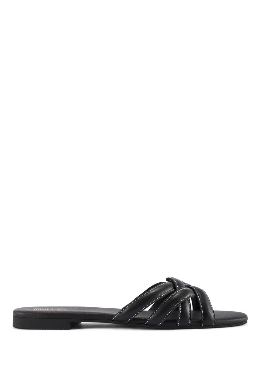 Women's black leather slides with braid BUTYD-1222-99(W26), side view of the product on a white background.