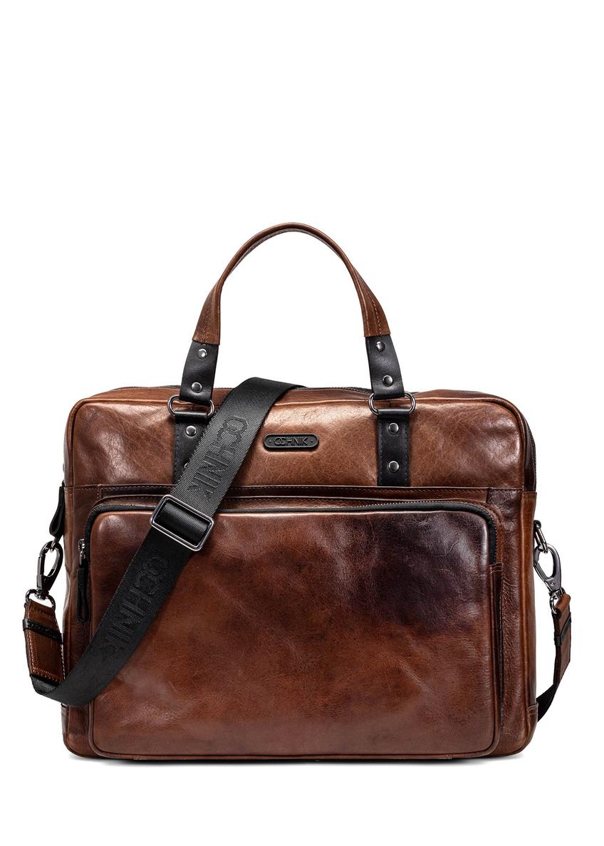 Brown leather men's bag TORMS-0100-1H(W26), front product view on white background.