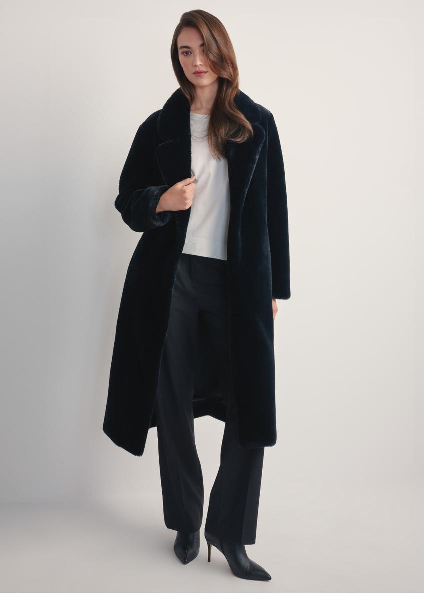 Women's faux fur coat with belt FUTDP-0002A-99(Z25), front view of the product on the model, the entire silhouette is visible.