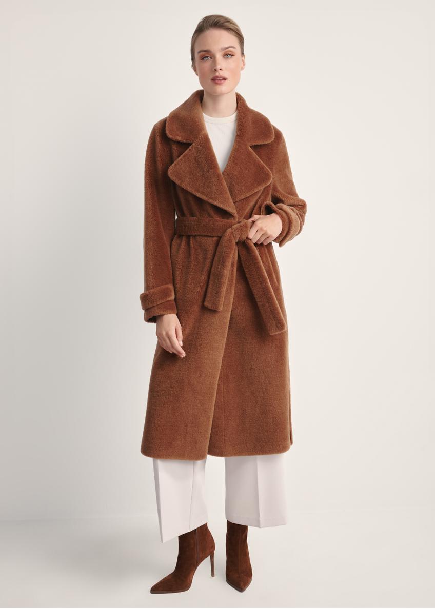 Long woolen fur coat in camel color FUTDW-0019A-24(Z25) - front view of the product on a model on a white background. The entire silhouette is visible.