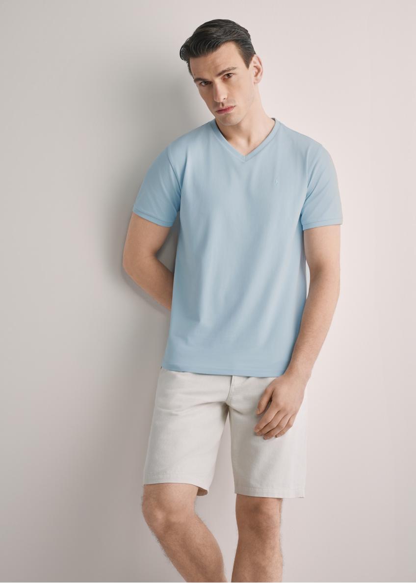 Men's blue cotton T-shirt TSHMT-0088-7A(W26), front view of the product on the model. Half of the silhouette visible.