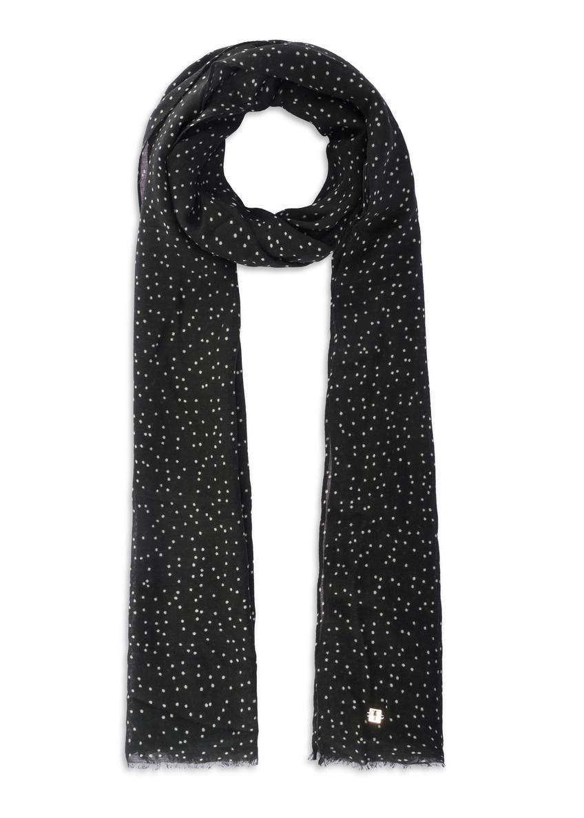 Women's black scarf with white dots SZADT-0219-9P(W26), front product view on white background.