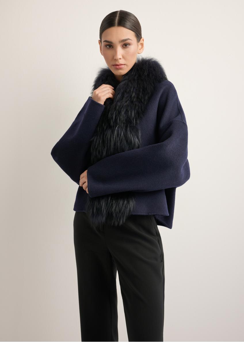 Women's short wool fur coat in navy blue FUTDW-0038-7E(Z26), front view of the product on the model. Half of the silhouette visible.