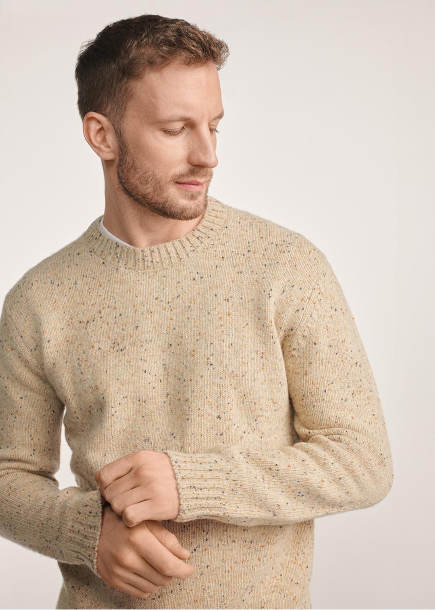 Beige men's sweater SWEMT-0173-24(Z25), front view of the product on the model, close-up of the bust.