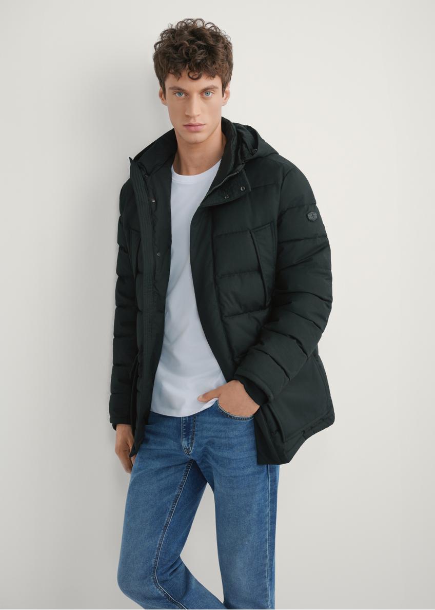 Black men's winter jacket KURMT-0379-99(Z25), front product view on model. Half silhouette visible.