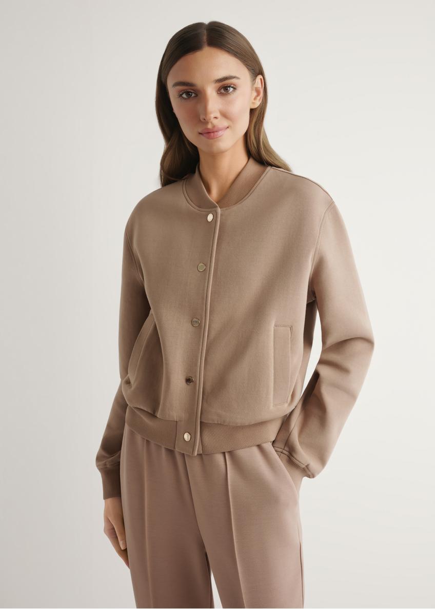 Women's camel sweatshirt BLZDT-0121-1D(W26), front view of the product on the model. Half of the silhouette visible.