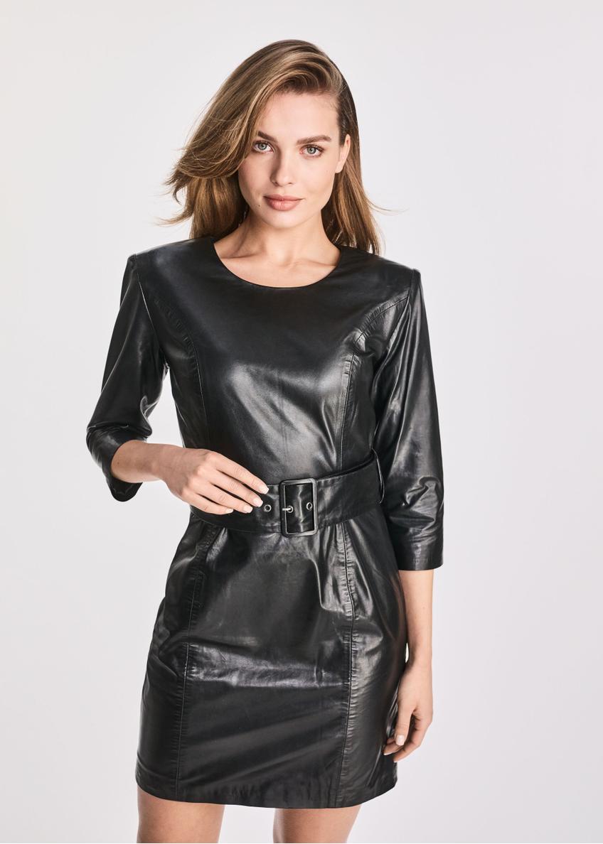 Black leather short dress SUKDS-0051-5339(W25)-01